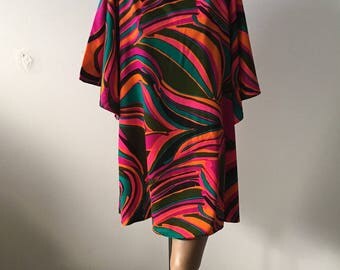 1960s Mod Mini Caftan Dress, Bell Sleeves Hot Swirling Colors