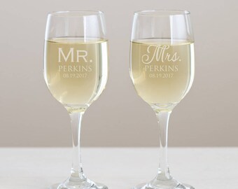 Personalized Mr. & Mrs. Wine Glasses Pair: Engraved Mr. Mrs. Wine Glasses, Custom Mr. Mrs. Wine, Bride Groom Wine Glasses, SHIPS FAST