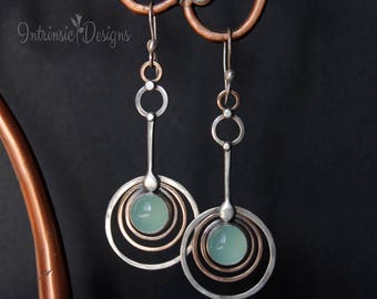Seafoam Chalcedony Retro Earrings in Mixed Metals, Circle Earrings, Large Earrings, Long Earrings, Retro Earrings, Chalcedony Earrings