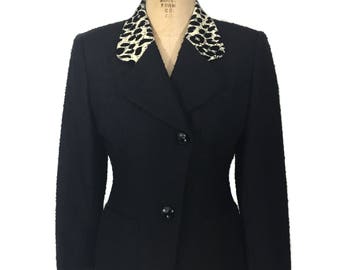 vintage 1980's CHRISTIAN DIOR leopard collar jacket / black snow leopard / wool blend / boucle / women's vintage jacket / tag size 4