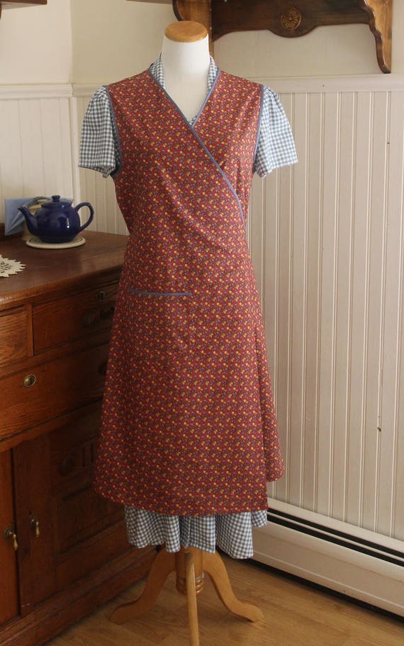 Red and Blue Calico 1940s Wrap Apron Ready to Ship