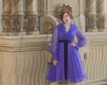 vintage 1960s purple ruffle baby doll dress with velvet bow