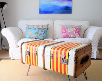 Unique Vintage Steamer Trunk & Key Bentwood Travel Chest COFFEE TABLE Upcycled Painted