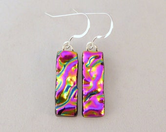 Pink Dichroic Fused Glass Dangle Earrings, Fused Glass, Fused Glass Earrings, Glass Earrings, Dichroic Earrings, Dangle Earrings, Pink
