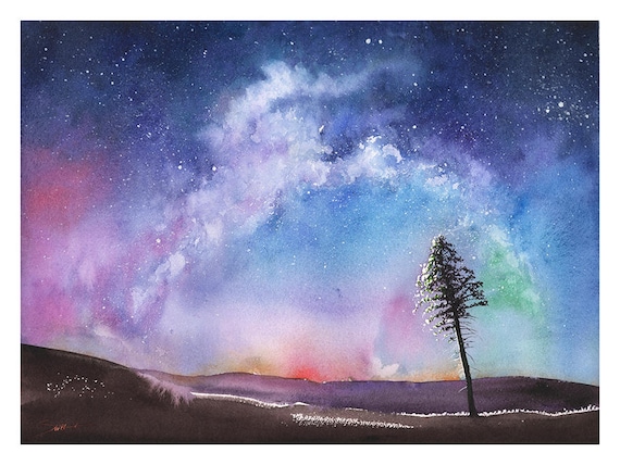 SPACE ART PRINT watercolor landscape night sky art aurora