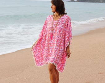 Pink Beach Kaftan cover up - Caftan dress short with pom poms - Pink and coral tribal print rayon Boho summer Kaftan