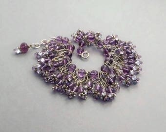HAUTE COUTURE Vintage French Amethyst Poured Glass Bracelet, Fringe Beaded Charm Gripoix Bracelet, CLEAR Pâte de Verre Paste Dangles c.1940s
