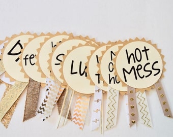 Gold Bachelorette Party Pins, Name Tags, Bachelorette Sash, Bachelorette Party Decorations