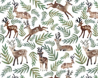 Christmas Fabric by the Yard Cotton Xmas Reindeer Woodland Forest Deer Pine Rustic Organic Cotton Knit Minky Jersey Fleece 5794278