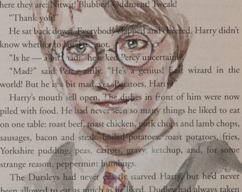 ORIGINAL Harry Potter Watercolor Book Page Painting Harry Potter and the Sorcerer's Stone Illustration Gryffindor Tie