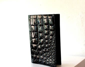 Vintage Black Alligator Skin Passport Wallet / 50's European Black Cow Hide Leather Alligator Skin Travel Wallet / Black Leather Bill Fold