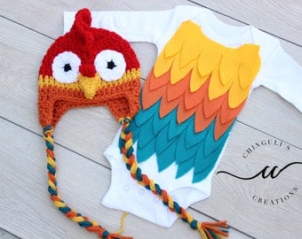 Baby Rooster Halloween Costume Baby Rooster Bodysuit and Crochet Rooster Hat