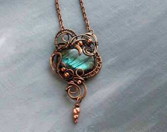 Unique jewelry Boho pendant Wife gift for her Wire wrap pendant Copper pendant Blue Labradorite pendant necklace Wire wrapped jewelry
