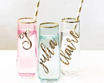 Personalized Bridesmaid Gift Pink Glasses Mint Glasses Gold Rim Glasses Bridesmaid Champagne Flutes Personalized Wine Glasses (EB3210)