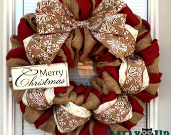 Candy Cane Wreath - Wreath, Christmas Wreath, Wreath, Winter Decor, Wreath Burlap Wreath - Christmas Decor Burlap, Door Wreath