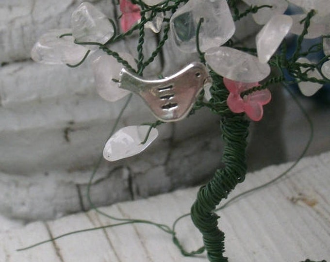 Miniature Rose Quartz Tree with 2 silver bird charms, has pink flower blossums, floral wire trunk and roots, fairy garden tree, about 5-6"