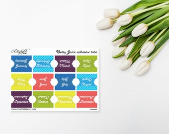 Planner Tabs - Berry Juice - 12 Monthly laminated self-adhesive - PERMANENT - sturdy tabs - January through December - divider tabs