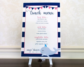 Printed Nautical Party Menu Sign. Whale Baby Shower Decoration. Pink Preppy Bridal Shower Menu Poster. Navy Stripe Brunch & Lunch Menu Sign