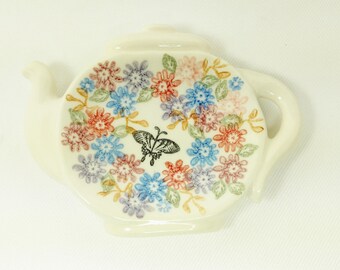 Tea Bag Holder - Teapot Shape - Ceramic - Hand Stamped Underglaze Design - Tiny Dish - Spoon Rest Dish - Ready to Ship