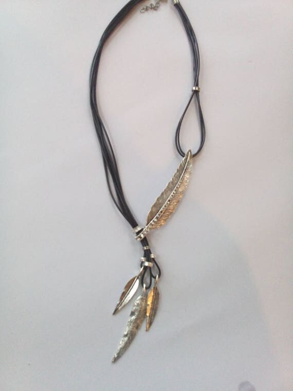 Black Leather Strap Necklace with Diamonds detail in Silver
