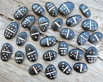 Pebble Dominoes, Domino Game, Domino Set, Handmade Dominoes, Beach Stone Game, Black and White, Dominos