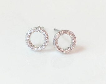 Diamond Circle Earrings,Diamond Circle Studs, Silver Circle Stud Earrings, Pave Diamond Studs, Delicate Earrings, Simple Diamond Earrings