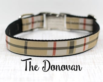 Beige and Black Plaid Dog Collar, Dressy Dog Collar, Plaid Collar, Custom Dog Collar, Buckle Collar or Martingale, 1"Wide