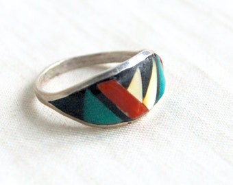 Zuni Ring Band Geometric Size 5 .75 Vintage Signed Native American Jewelry Sterling Silver Inlaid Desert Stones