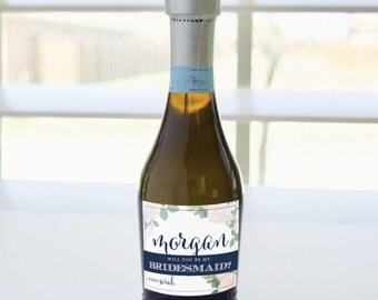 Will You Be My Bridesmaid? Personalized Mini Label (Navy & Blush) - Mini Champagne or Wine Bottles, Tealight Candles, Small Gift Boxes