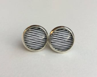 Black & White Strip 10mm Round Glass Dome Stud Earrings