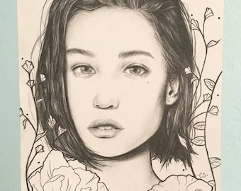 Original Pencil Drawing Portrait of a Girl with Flowers