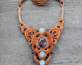Inspiration Bohemian Bib necklace Statement necklace Boho jewelry Soutache necklace Purple orange necklace Terracotta Christmas gift-for-her