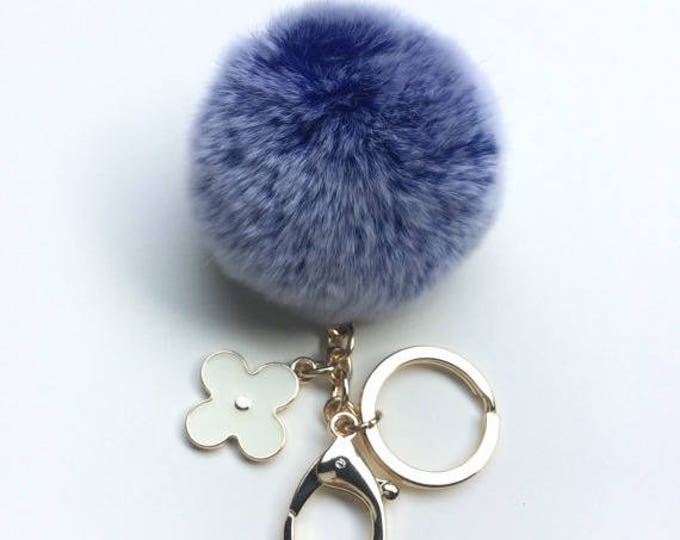 Royal Blue fur pom pom keychain frosted REX Rabbit fur pom pom ball with flower bag charm