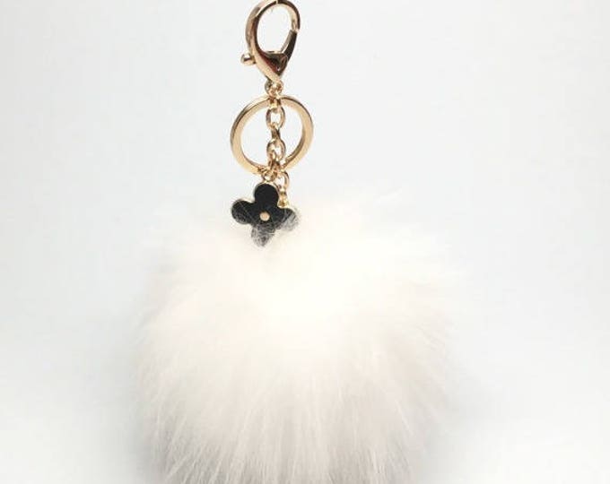 New! Pure White fox fur Pompon bag charm pendant Fur Pom Pom keychain keyring with flower charm