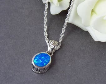 Simple Blue Opal Necklace, Dainty Necklace, Silver Blue Opal Pendant, Sterling Silver Opal Blue Jewelry.