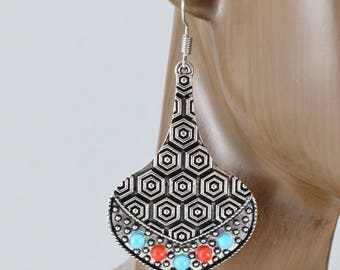 silver dangle earrings red turquoise bead earrings geometric pattern dangle earrings moroccan earrings boho chic dangles earrings