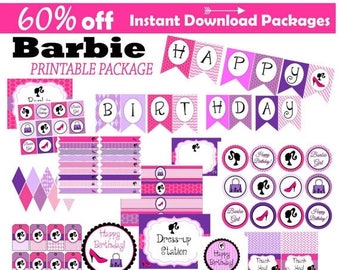 60% OFF SALE Barbie Inspired Party, 60 Percent savings, Instant Download, Dress-up, Party package, cupcake toppers, banner, centerpiece, sig