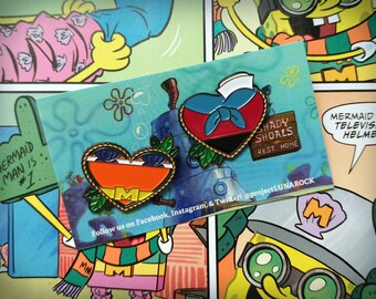 Flawed Mermaid Man & Barnacle Boy Heart Shaped Enamel Pins Set