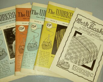 Set of 5 Workbasket Magazines / 1951 / 1948 / Needlecraft / Knitting / Crochet / Home Goods / DIY