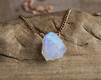 Raw Moonstone Necklace, June Birthstone, Raw Crystal Necklace in Rose Gold Filled, Gold or Silver, Rainbow Moonstone Jewellery