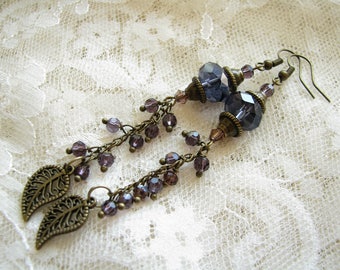 Leaf earrings Purple earrings Long earrings Dangle earrings Gift for her Grape earrings Crystal earrings Girlfriend Gift earrings Gift idea