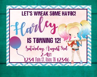 Harley Quinn Birthday Invitation, Digital Invitation