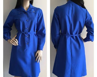 Vintage 80s Dress - Blue Dress - Retro Dress - Office Fashion - Shirt Dress - SMALL