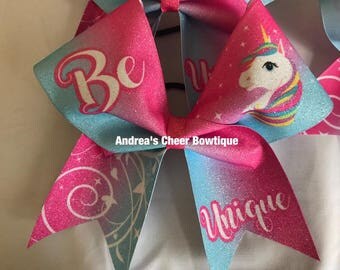 UNICORN Glitter Cheer Bow - SPARKLY Glitter Pink Blue Ombre Be Unique Unicorn Cheer Bow - Different options to choose from