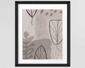 Mid Century Modern Leaf Art in warm beige and greys, hand drawn leaves retro print, nature art INSTANT DOWNLOAD