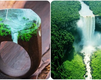 Waterfall wooden resin ring. Eco epoxy jewelry. Green Wood the secret of the magical world in a tiny landscape in every decoration.