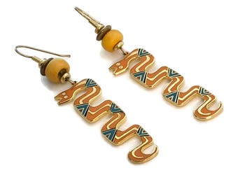 Laurel Burch Earrings, Signed Enamel Snake Fishhooks, Gold Tone, 1980s Jewelry, Sepent, Spirit