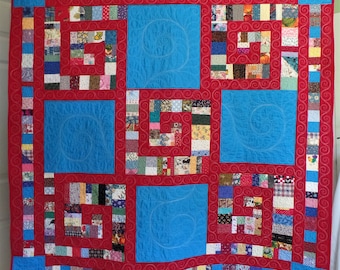 Modern Quilt, Patchwork Rainbow Quilt, Contemporary Quilt, Blue and Red Quilt, Throw or Lap Quilt, Christmas or Birthday Gift, Free Shipping
