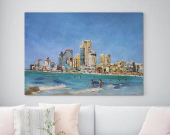 Large Original Oil Painting On Canvas, Huge Seascape Painting, wall art, Beach Painting, Modern Art, Blue, Summer, People Painting 35" X 62"