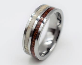 Tungsten Deer Antler and Koa Wood Ring, Deer Antler Ring, Koa Wood Ring, Tungsten Wedding Band, Tungsten Ring, Deer Antler Band, Koa Wood